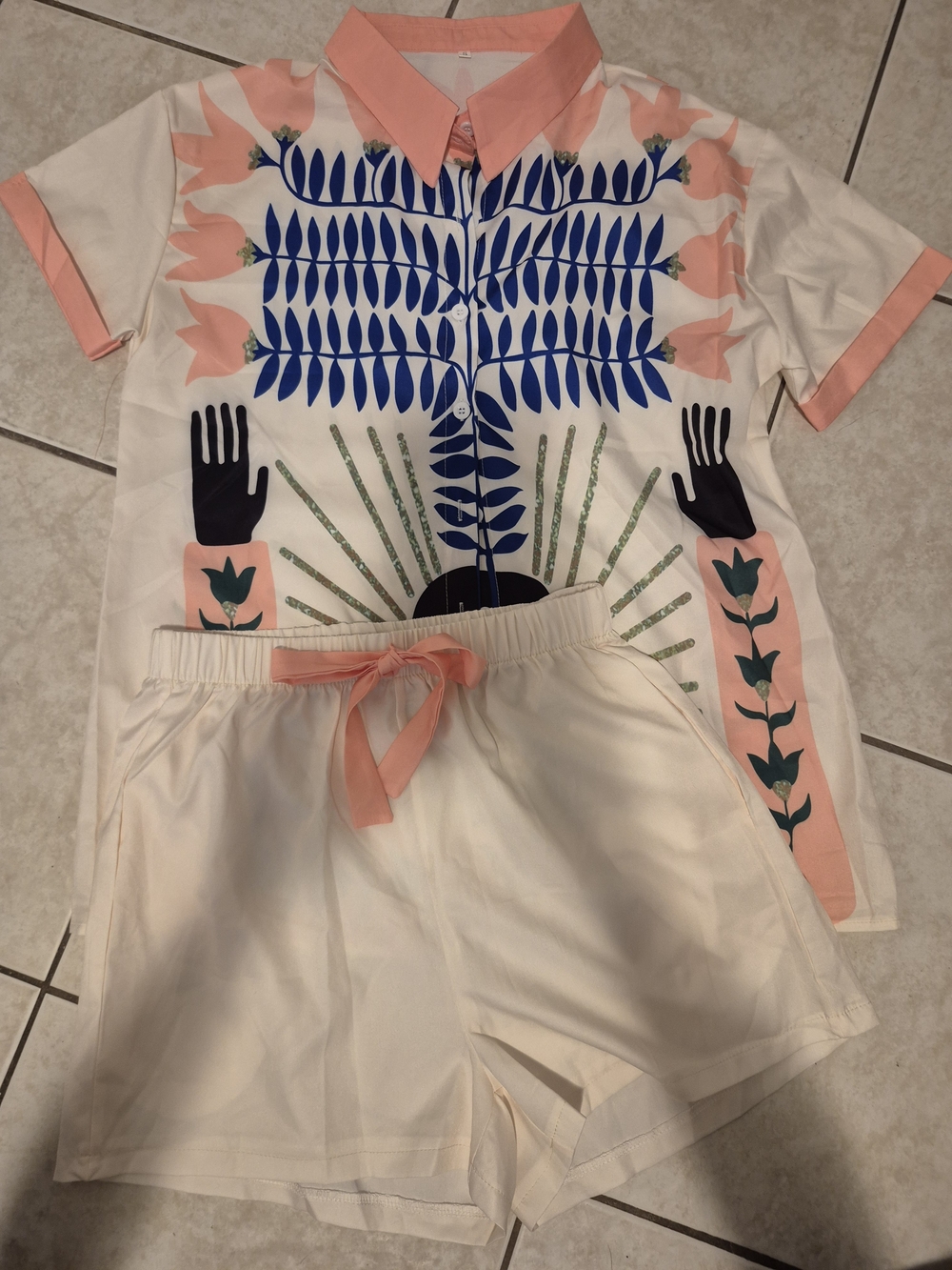SHEIN Cream Button-Down Shirt with Coral Trim and Blue Botanical Print